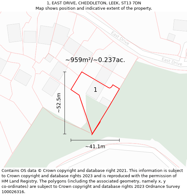 1, EAST DRIVE, CHEDDLETON, LEEK, ST13 7DN: Plot and title map