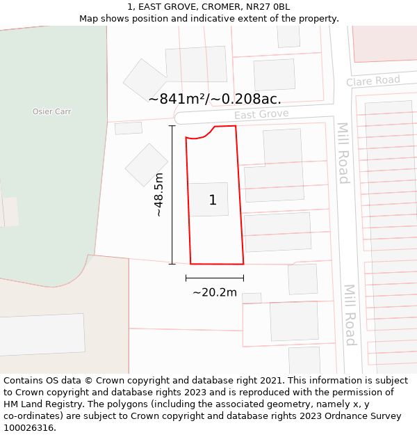 1, EAST GROVE, CROMER, NR27 0BL: Plot and title map