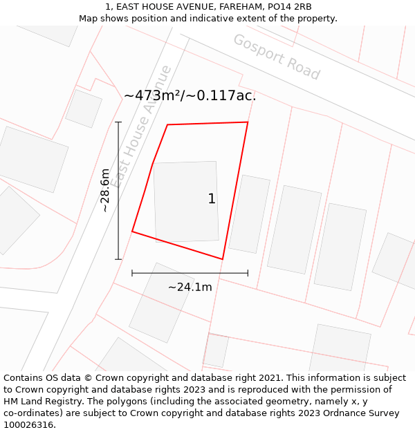 1, EAST HOUSE AVENUE, FAREHAM, PO14 2RB: Plot and title map