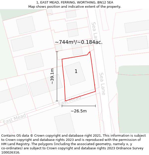 1, EAST MEAD, FERRING, WORTHING, BN12 5EA: Plot and title map