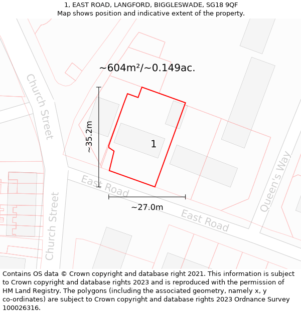 1, EAST ROAD, LANGFORD, BIGGLESWADE, SG18 9QF: Plot and title map