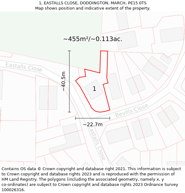 1, EASTALLS CLOSE, DODDINGTON, MARCH, PE15 0TS: Plot and title map