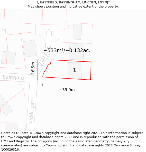 1, EASTFIELD, BASSINGHAM, LINCOLN, LN5 9JT: Plot and title map