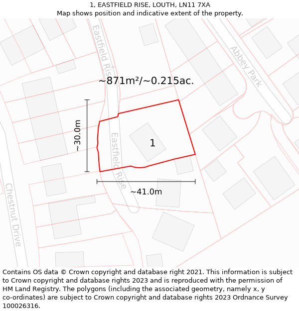 1, EASTFIELD RISE, LOUTH, LN11 7XA: Plot and title map