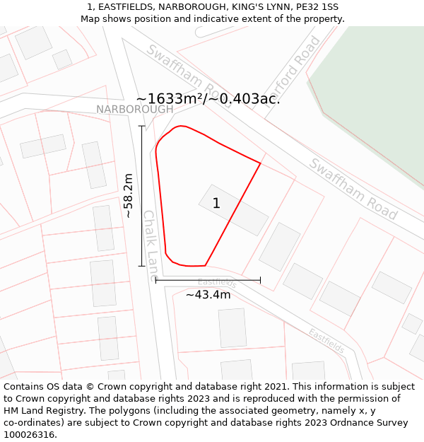 1, EASTFIELDS, NARBOROUGH, KING'S LYNN, PE32 1SS: Plot and title map
