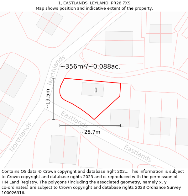 1, EASTLANDS, LEYLAND, PR26 7XS: Plot and title map