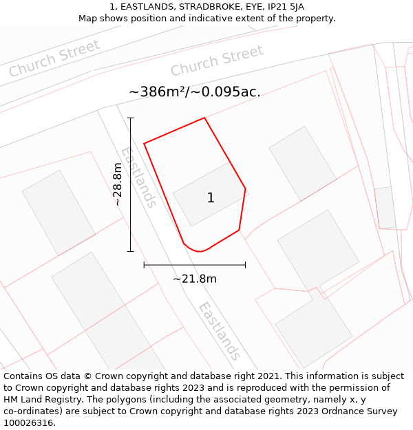 1, EASTLANDS, STRADBROKE, EYE, IP21 5JA: Plot and title map