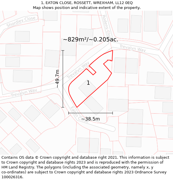 1, EATON CLOSE, ROSSETT, WREXHAM, LL12 0EQ: Plot and title map