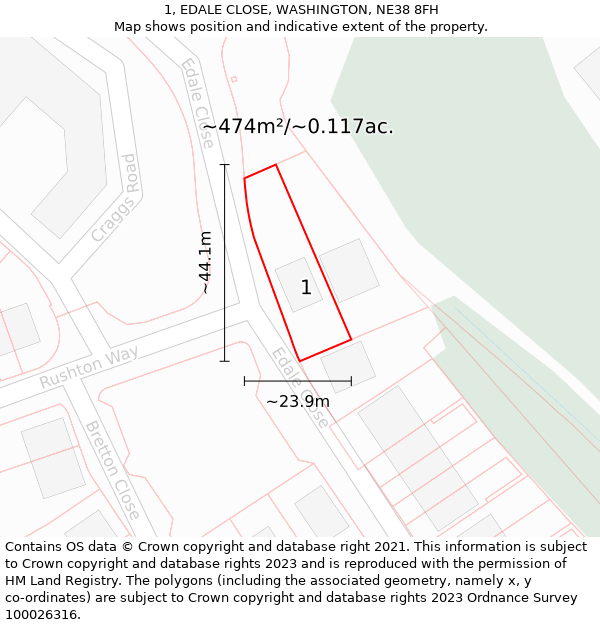 1, EDALE CLOSE, WASHINGTON, NE38 8FH: Plot and title map