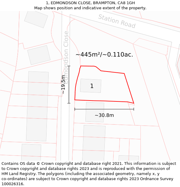 1, EDMONDSON CLOSE, BRAMPTON, CA8 1GH: Plot and title map