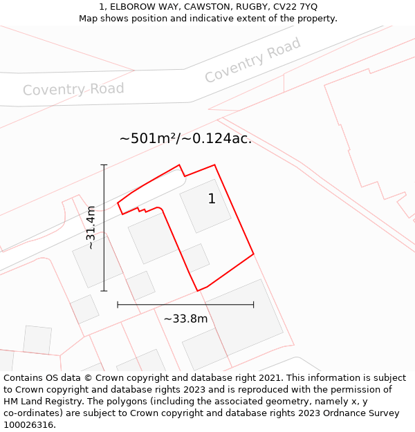 1, ELBOROW WAY, CAWSTON, RUGBY, CV22 7YQ: Plot and title map