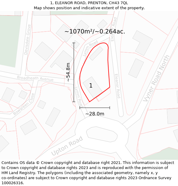 1, ELEANOR ROAD, PRENTON, CH43 7QL: Plot and title map