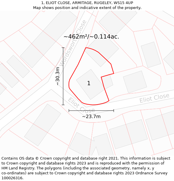 1, ELIOT CLOSE, ARMITAGE, RUGELEY, WS15 4UP: Plot and title map