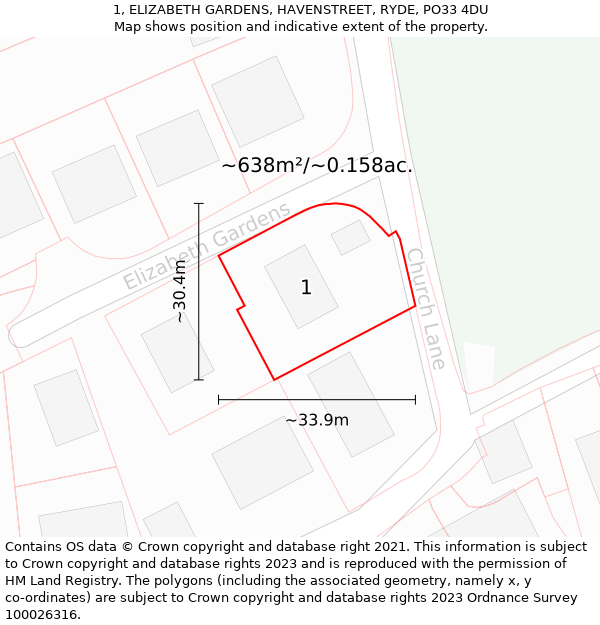 1, ELIZABETH GARDENS, HAVENSTREET, RYDE, PO33 4DU: Plot and title map