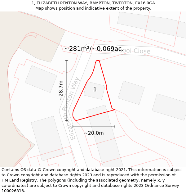 1, ELIZABETH PENTON WAY, BAMPTON, TIVERTON, EX16 9GA: Plot and title map