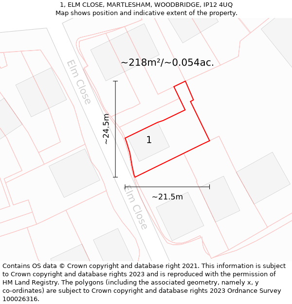 1, ELM CLOSE, MARTLESHAM, WOODBRIDGE, IP12 4UQ: Plot and title map