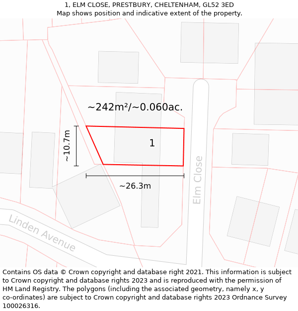 1, ELM CLOSE, PRESTBURY, CHELTENHAM, GL52 3ED: Plot and title map