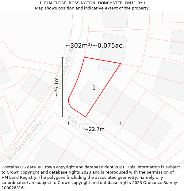 1, ELM CLOSE, ROSSINGTON, DONCASTER, DN11 0YH: Plot and title map