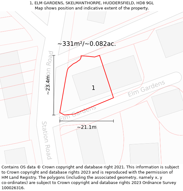 1, ELM GARDENS, SKELMANTHORPE, HUDDERSFIELD, HD8 9GL: Plot and title map