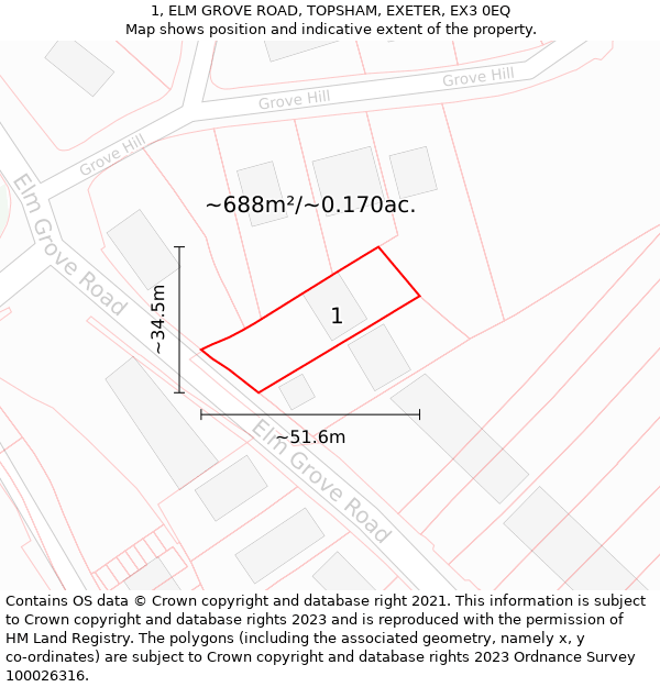 1, ELM GROVE ROAD, TOPSHAM, EXETER, EX3 0EQ: Plot and title map