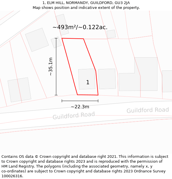 1, ELM HILL, NORMANDY, GUILDFORD, GU3 2JA: Plot and title map