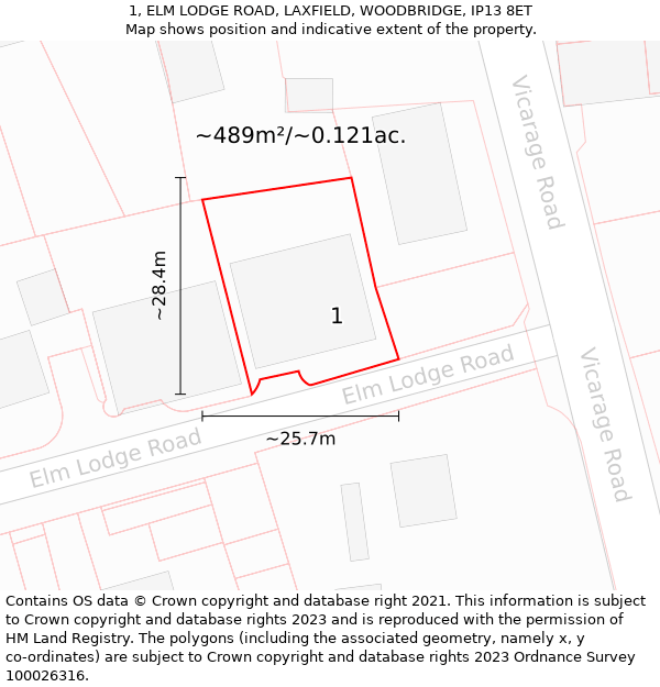 1, ELM LODGE ROAD, LAXFIELD, WOODBRIDGE, IP13 8ET: Plot and title map