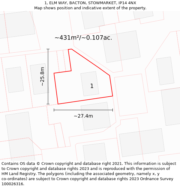 1, ELM WAY, BACTON, STOWMARKET, IP14 4NX: Plot and title map