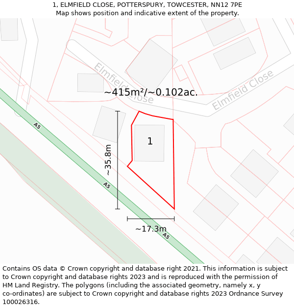 1, ELMFIELD CLOSE, POTTERSPURY, TOWCESTER, NN12 7PE: Plot and title map