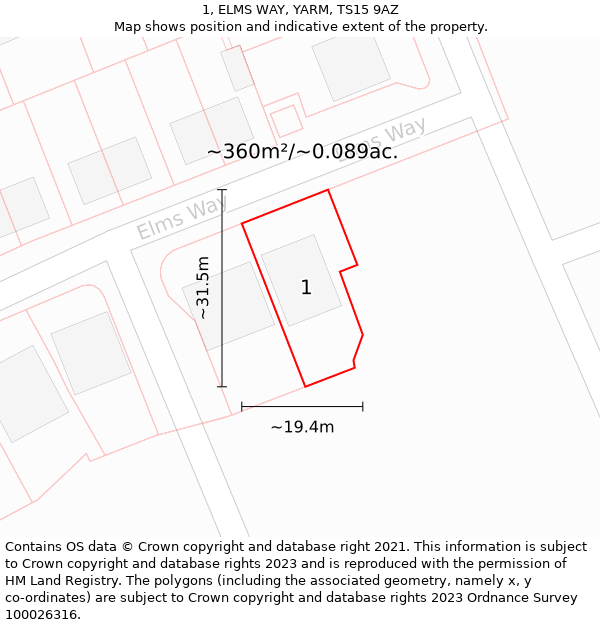 1, ELMS WAY, YARM, TS15 9AZ: Plot and title map