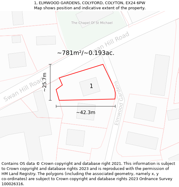 1, ELMWOOD GARDENS, COLYFORD, COLYTON, EX24 6PW: Plot and title map