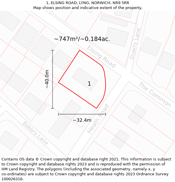 1, ELSING ROAD, LYNG, NORWICH, NR9 5RR: Plot and title map