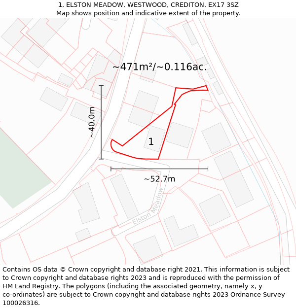 1, ELSTON MEADOW, WESTWOOD, CREDITON, EX17 3SZ: Plot and title map