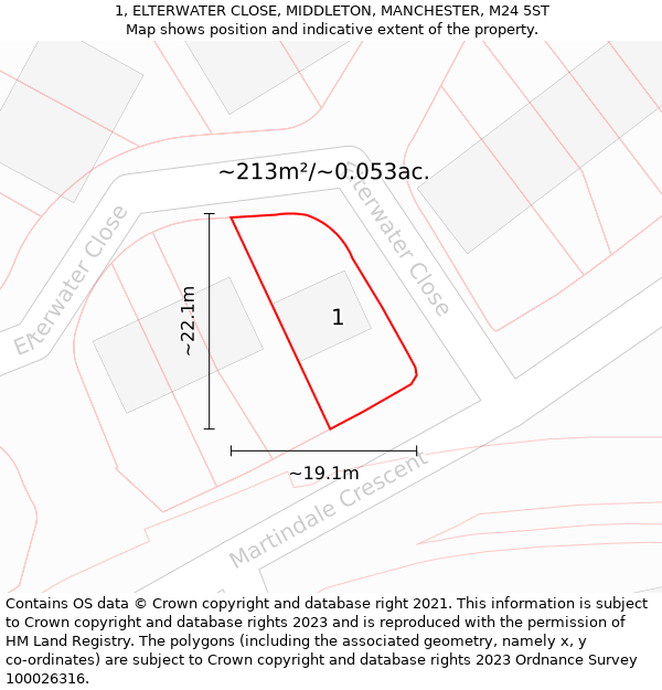 1, ELTERWATER CLOSE, MIDDLETON, MANCHESTER, M24 5ST: Plot and title map