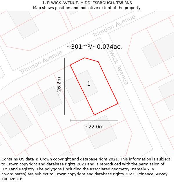 1, ELWICK AVENUE, MIDDLESBROUGH, TS5 8NS: Plot and title map