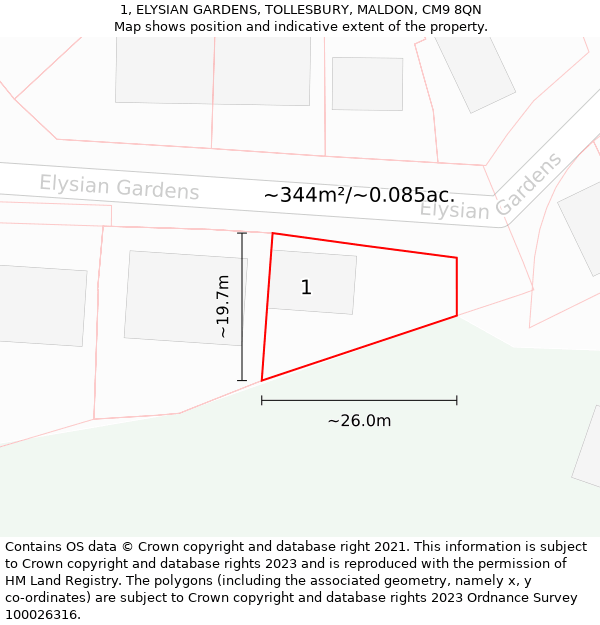 1, ELYSIAN GARDENS, TOLLESBURY, MALDON, CM9 8QN: Plot and title map