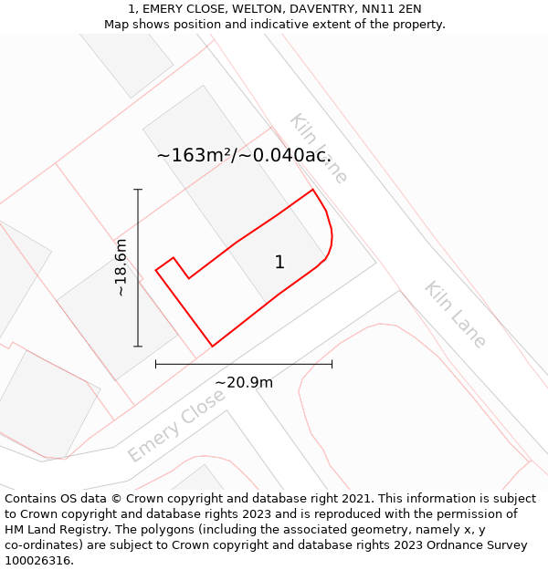 1, EMERY CLOSE, WELTON, DAVENTRY, NN11 2EN: Plot and title map