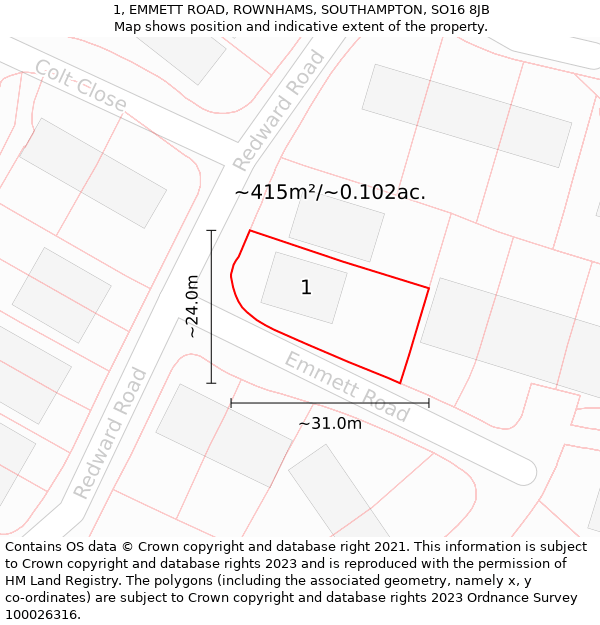 1, EMMETT ROAD, ROWNHAMS, SOUTHAMPTON, SO16 8JB: Plot and title map