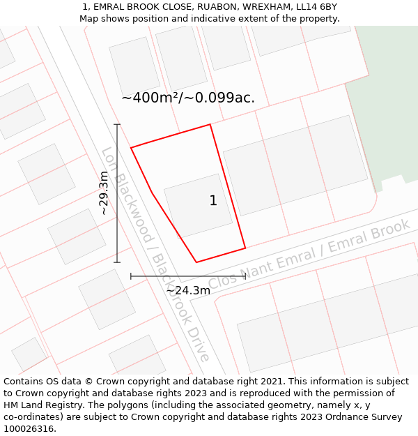 1, EMRAL BROOK CLOSE, RUABON, WREXHAM, LL14 6BY: Plot and title map