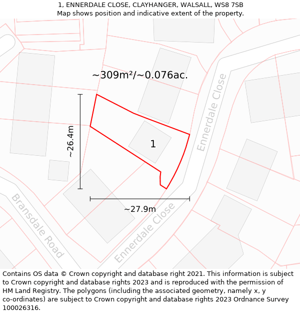 1, ENNERDALE CLOSE, CLAYHANGER, WALSALL, WS8 7SB: Plot and title map