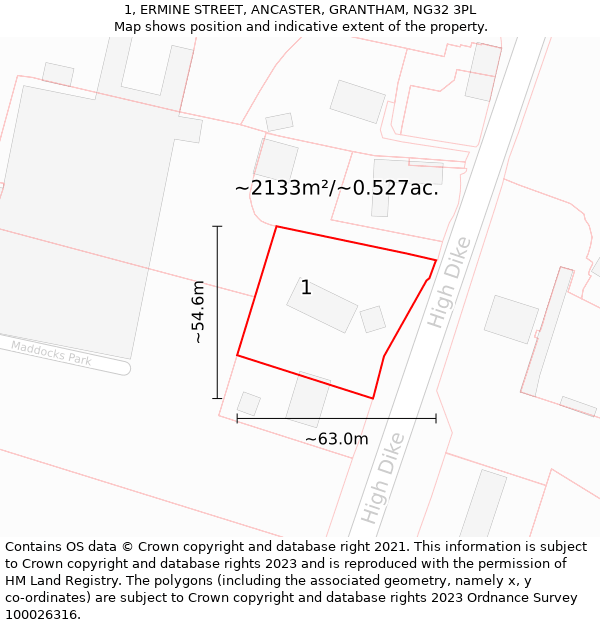 1, ERMINE STREET, ANCASTER, GRANTHAM, NG32 3PL: Plot and title map