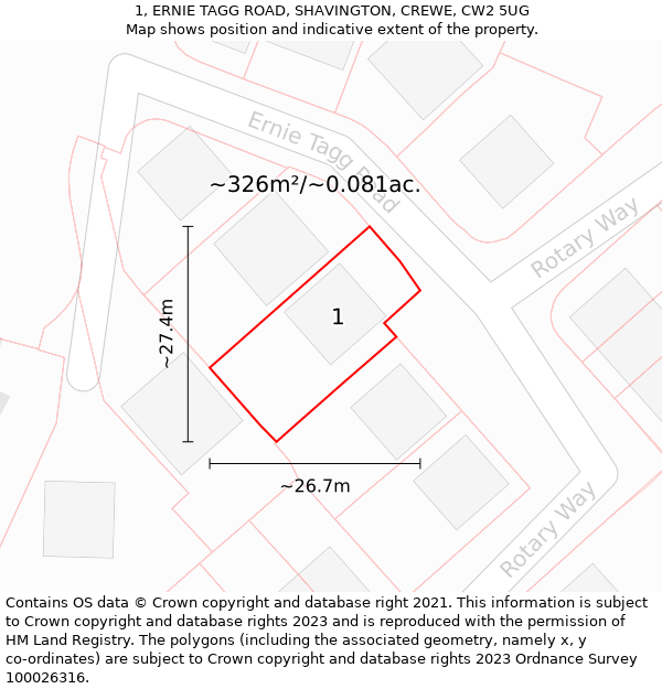 1, ERNIE TAGG ROAD, SHAVINGTON, CREWE, CW2 5UG: Plot and title map