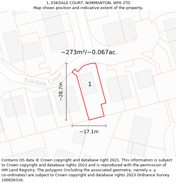 1, ESKDALE COURT, NORMANTON, WF6 2TD: Plot and title map