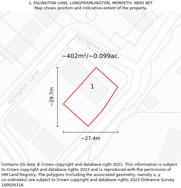 1, ESLINGTON LANE, LONGFRAMLINGTON, MORPETH, NE65 8ET: Plot and title map