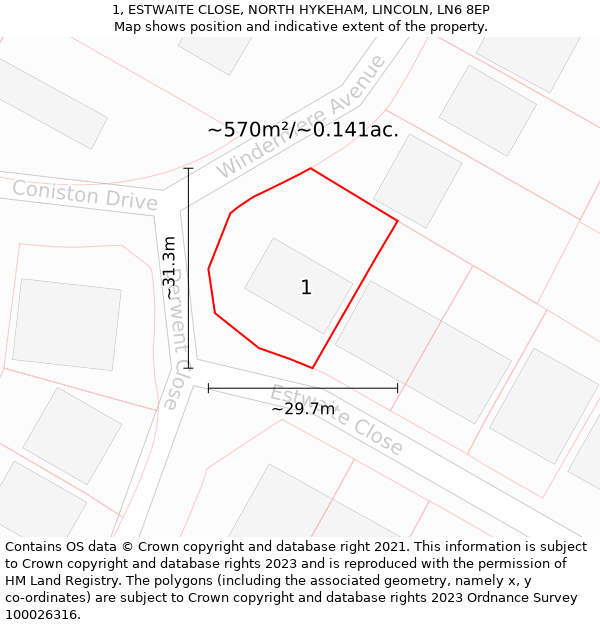 1, ESTWAITE CLOSE, NORTH HYKEHAM, LINCOLN, LN6 8EP: Plot and title map