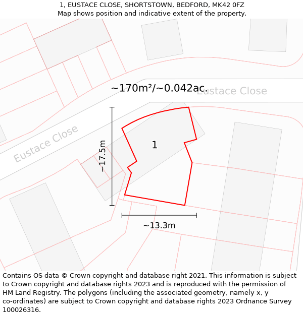 1, EUSTACE CLOSE, SHORTSTOWN, BEDFORD, MK42 0FZ: Plot and title map