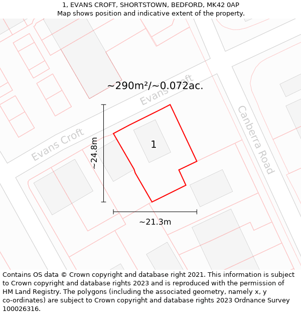 1, EVANS CROFT, SHORTSTOWN, BEDFORD, MK42 0AP: Plot and title map