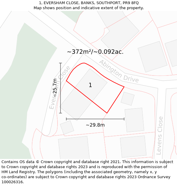 1, EVERSHAM CLOSE, BANKS, SOUTHPORT, PR9 8FQ: Plot and title map