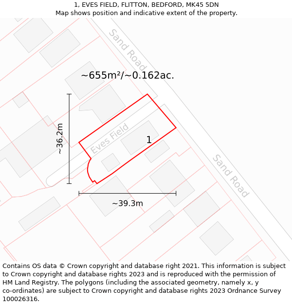 1, EVES FIELD, FLITTON, BEDFORD, MK45 5DN: Plot and title map