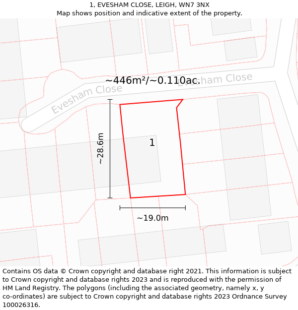 1, EVESHAM CLOSE, LEIGH, WN7 3NX: Plot and title map