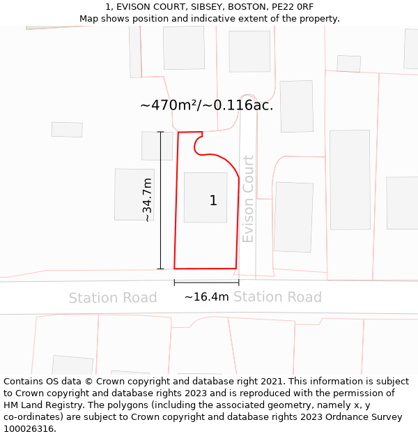 1, EVISON COURT, SIBSEY, BOSTON, PE22 0RF: Plot and title map